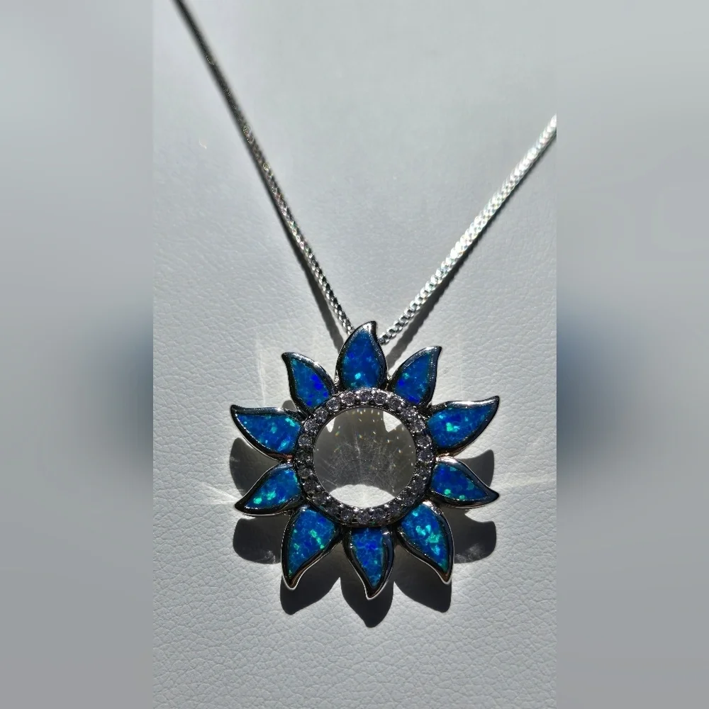 Sterling Silver 925 Necklace Silver 925 Blue Sunflower Opal Pendant Necklace - Picture 5 of 17